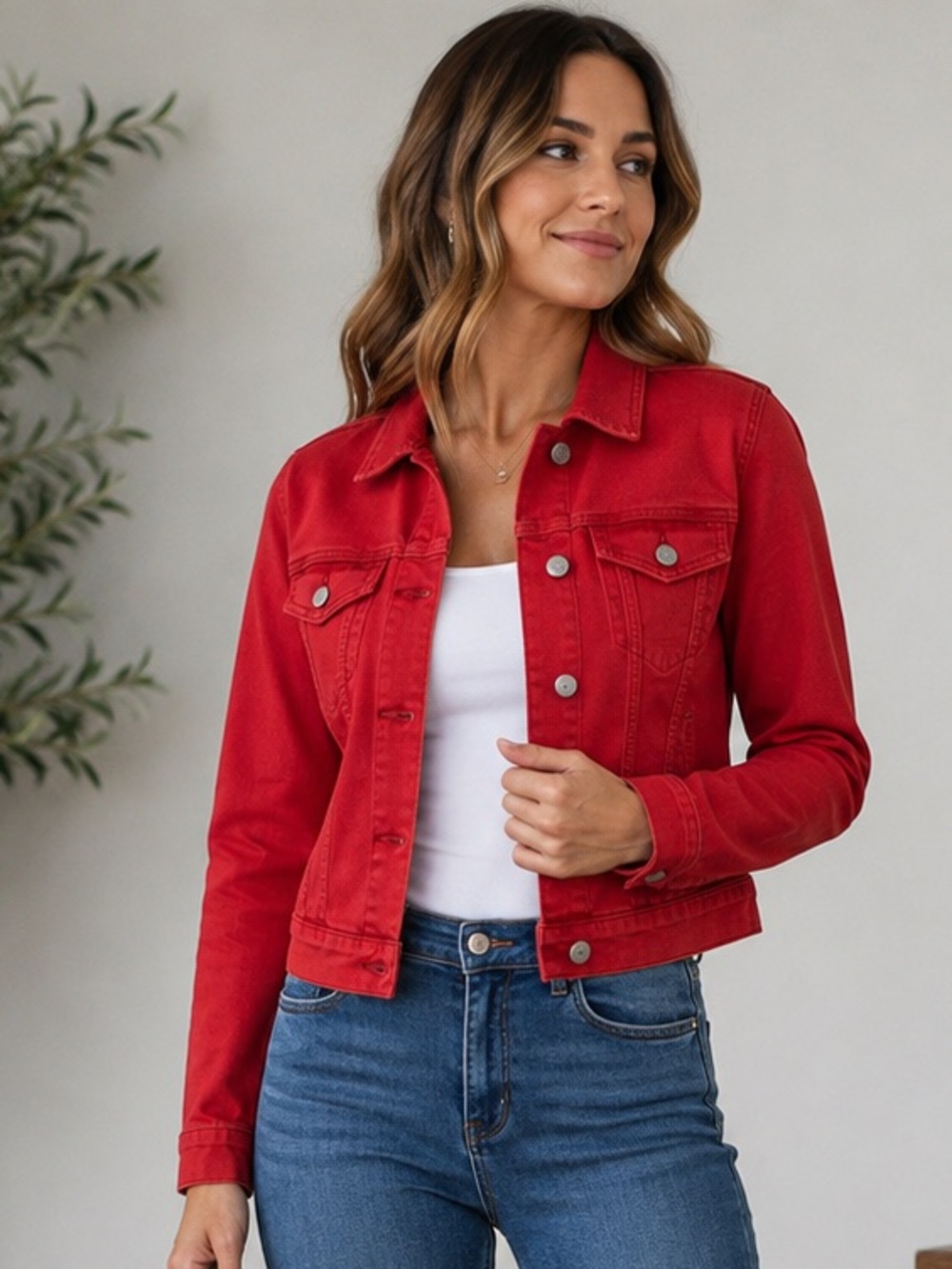Liverpool Los Angeles Red Denim Jacket Cropped Button Front Women’s M